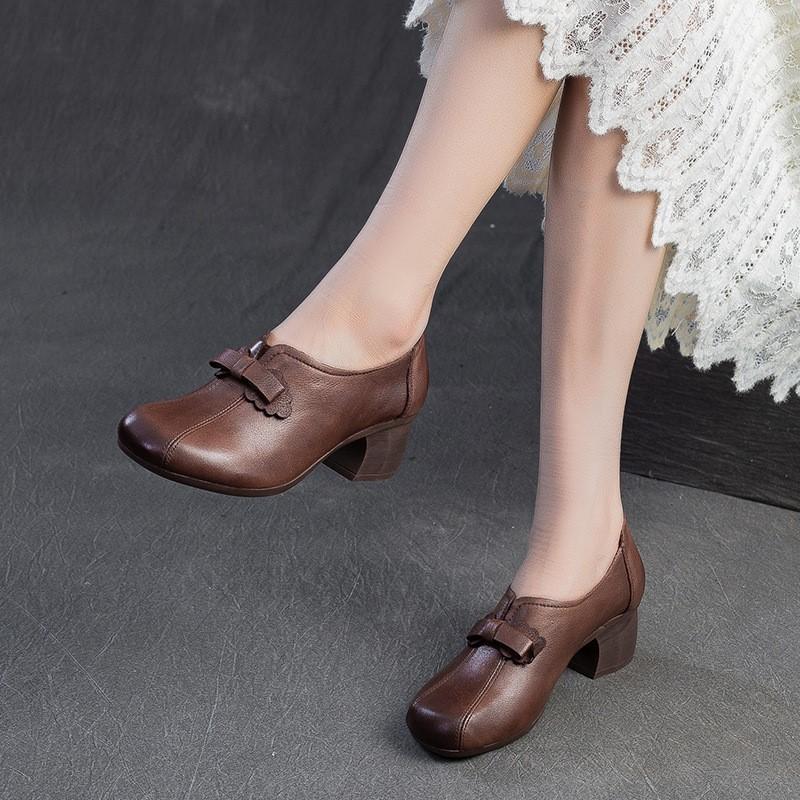 Johnature Retro Dame Hæler Sko Casual Ekte Skinn Pendler Allsidige Dame Slip-on Sko