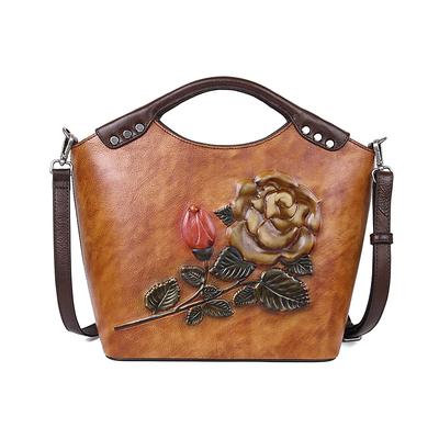Torebki damskie z prawdziwej skóry Vintage Rose Tłoczone torby na ramię Moda damska Crossbody Bag