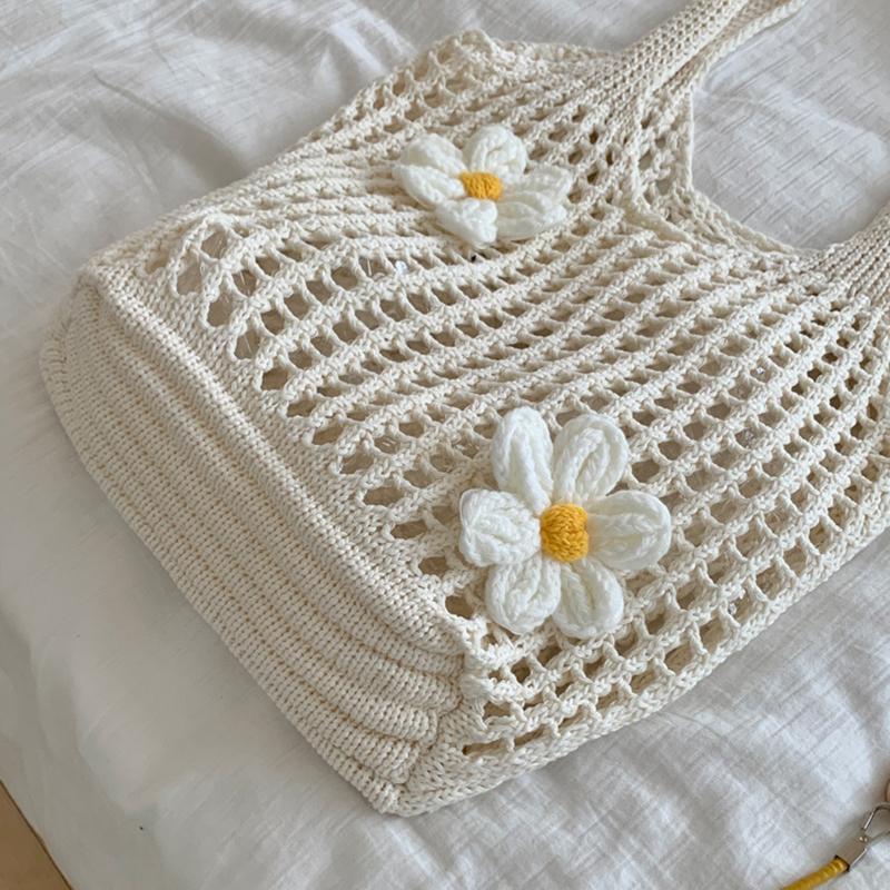 Yogodlns Fashion Summer Beach Floral Decor Women Shoulder Bag Female Hollow Handwoven Knitted Soft Handbag Large Casual Tote Bag
