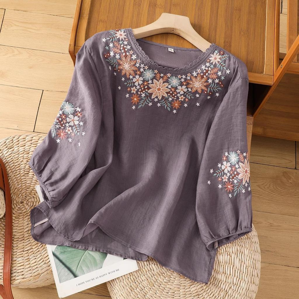 Women's Cotton Shirt Summer Top Season Casual Loose Embroidered Loose Shirt