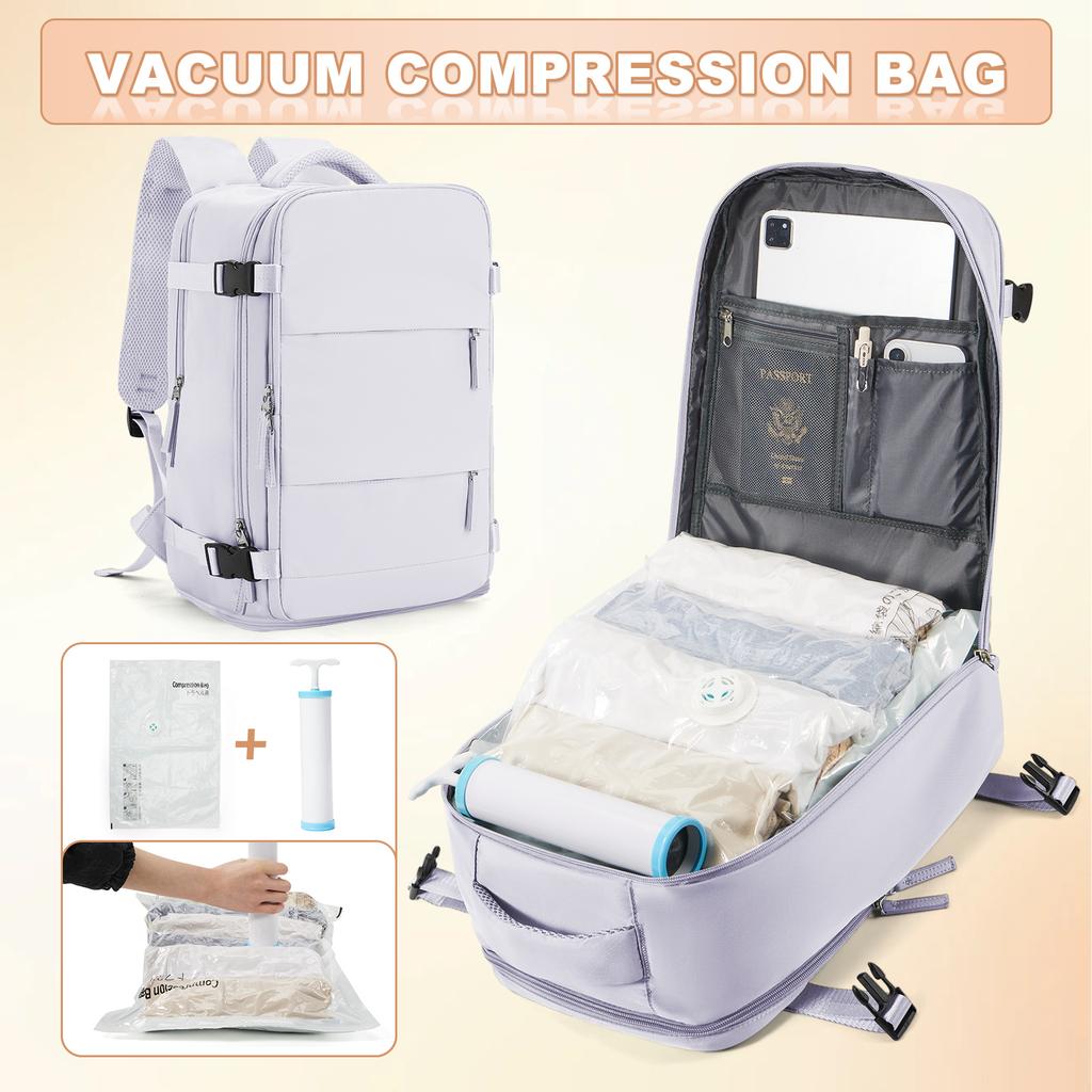 Ryanair 40x25x20 Reise-Rucksack Großes Fassungsvermögen Faltbare Wandertasche mit Vakuumbeuteln Manuelle Kompressionspumpe, Aufbewahrungsrucksack