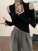 High,neck, Off,shoulder, Hollowed,out Long,sleeved Fitted T,shirt For Women, Stylish Short Top
