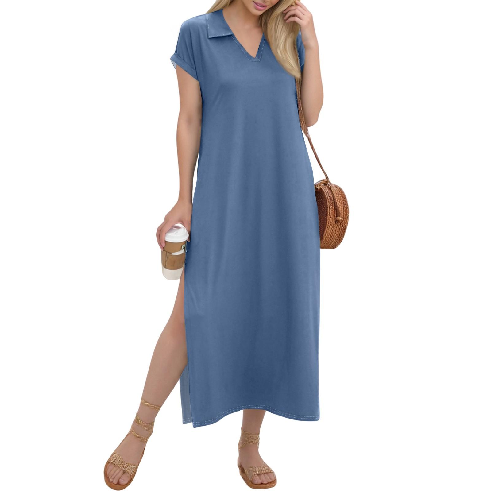 

Женское длинное платье-рубашка с V-образным вырезом, повседневное, с коротким рукавом и свободным разрезом XL арбуз красный