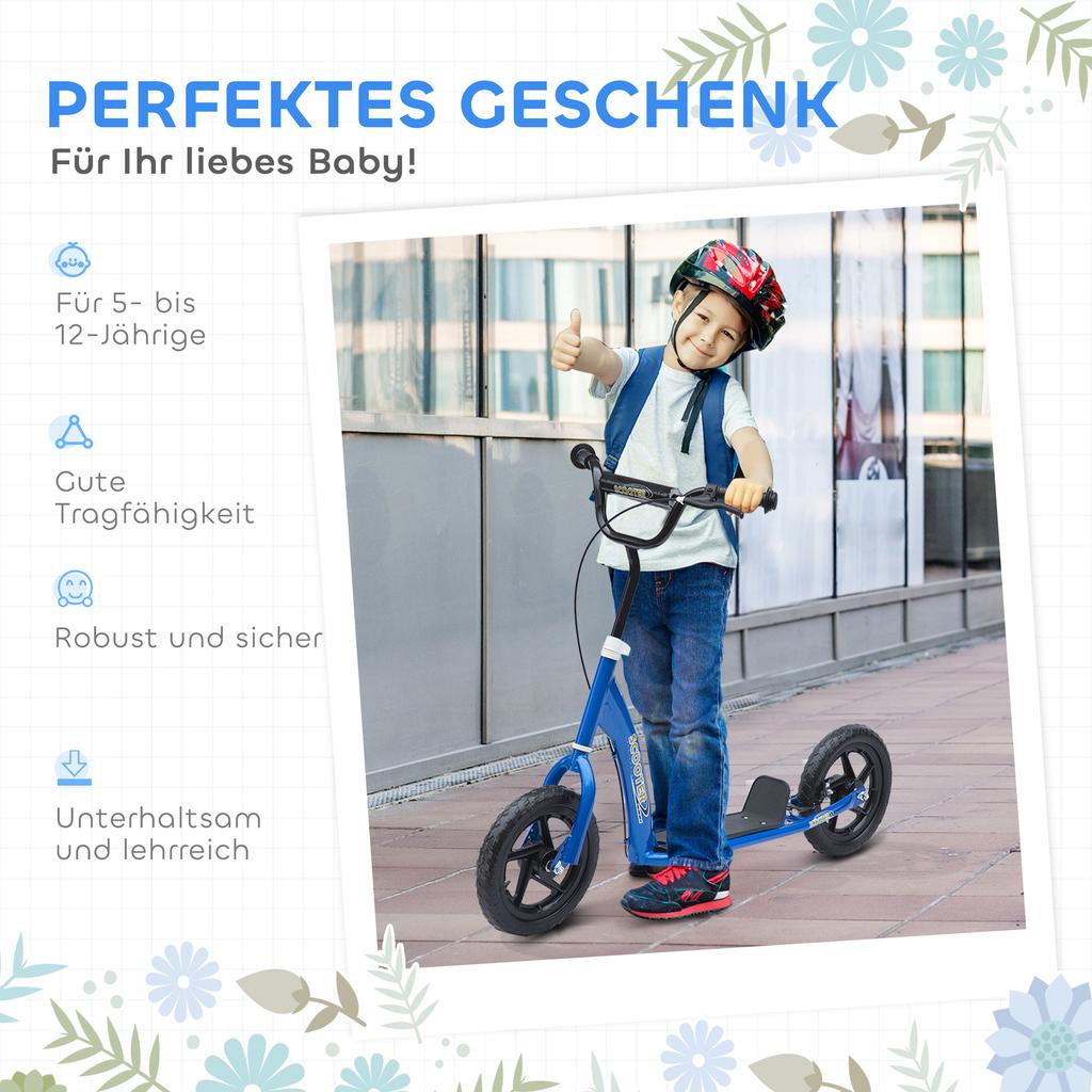 Monopattino per Bambini, con Ruote in EVA da 12", Freno Posteriore, Ruote Grandi, per 5-12 Anni, Blu