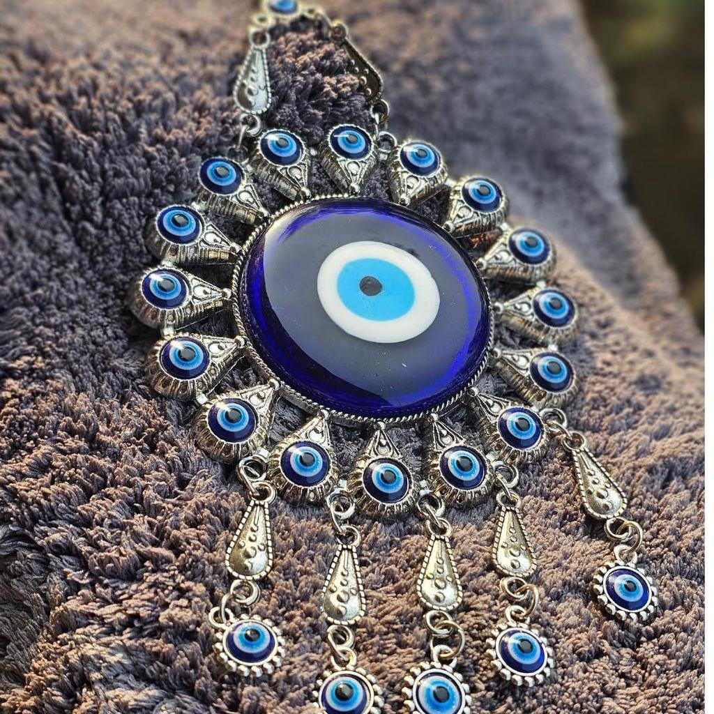 Silver Evil Eye Wall Hanging – Handmade Turkish Blue Nazar Amulet | Spiritual Protection Charm for Home & Office