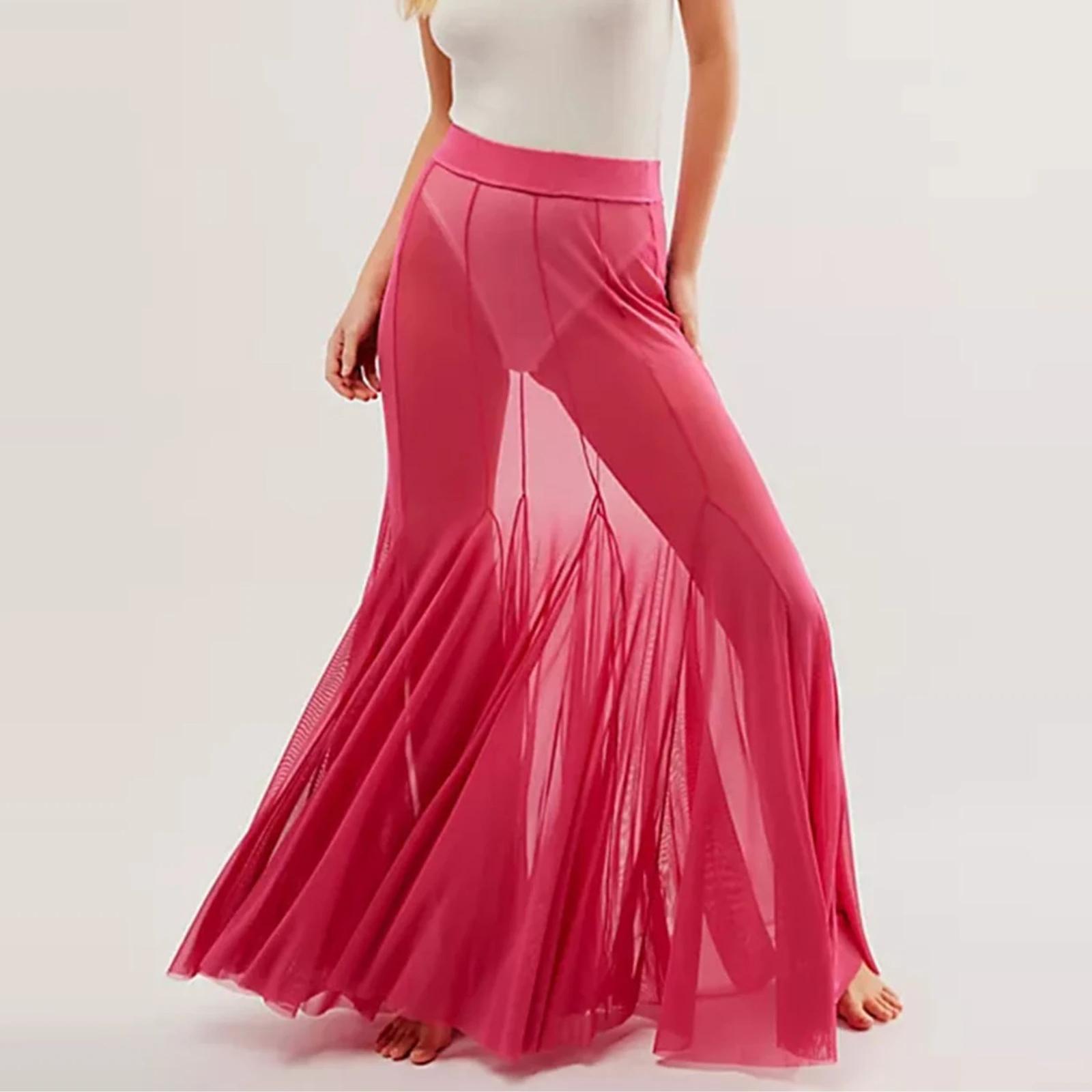 

Женские прозрачные сетчатые длинные юбки, сексуальные прозрачные эластичные юбки с высокой талией и рюшами по подолу, струящиеся юбки, женские вечерние повседневные юбки-миди трапециевидной формы S