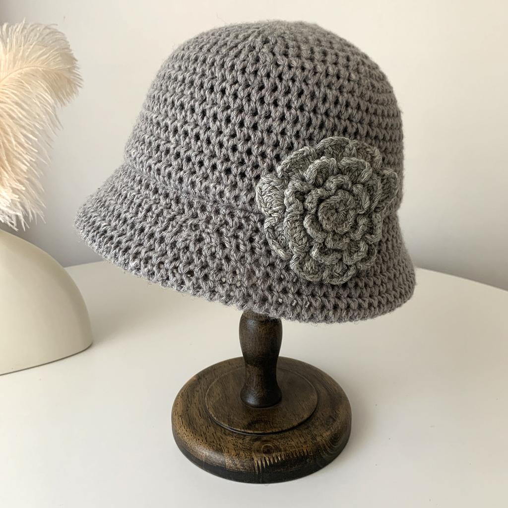 Korean Early Spring New 3D Flower Knitted Fisherman Hat Women Autumn Winter New Show Small Face Handmade Wool Bucket Hat