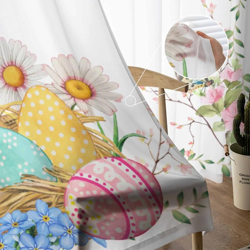 Bird Easter Eggs Plant Leaves Flowers Tulle Voile Curtains for Bedroom Living Room Window Curtain Sheer Curtains Organza Drapes