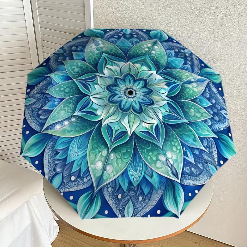 

1pc Blue Lotus Mandala Design Umbrella with Plastic Handle,Suitable for All Seasons Home Travel Outdoor UmbrellaDD1060