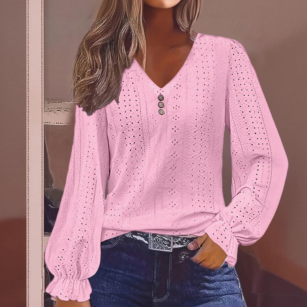 Women's V-neck T-shirt With Spring  Hollow Out Casual Pleated Sleeve Top