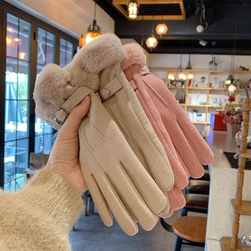 Suede gloves autumn and winter women cute velvet thickened warm five-finger gloves students cold riding tide