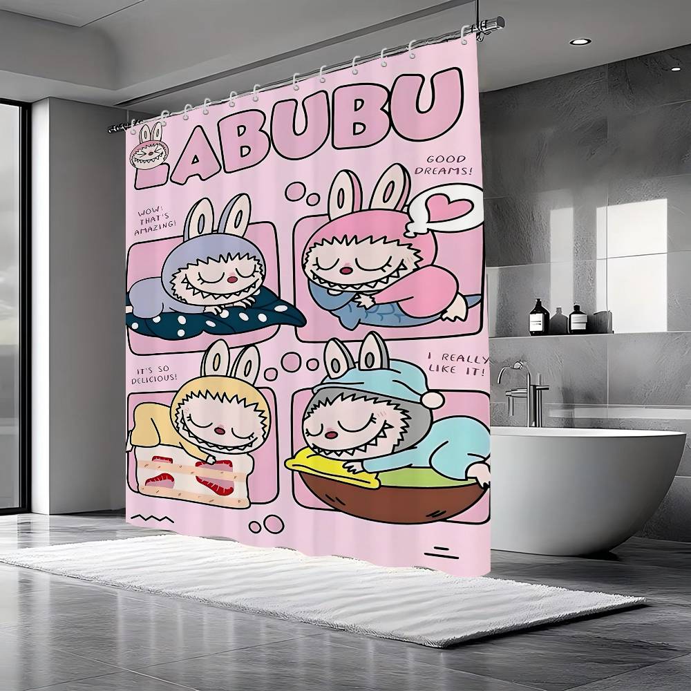 Cute L-labubu Cartoon Shower Curtain Bath Curtain Print Polyester Fabric Waterproof Bathroom Curtains With Hooks Bath Screen