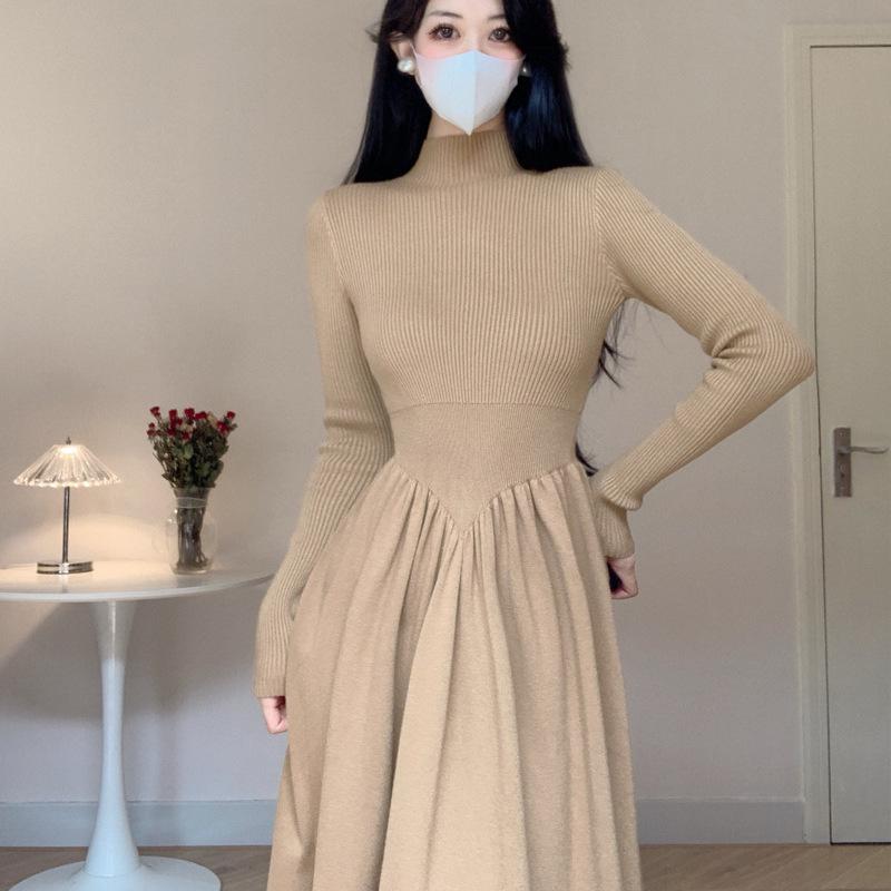 Halbhoher Kragen Schlankmachende Taille Kleiner Mann Fortgeschrittener Sinn Patchwork Gestricktes Unterteil Kleid