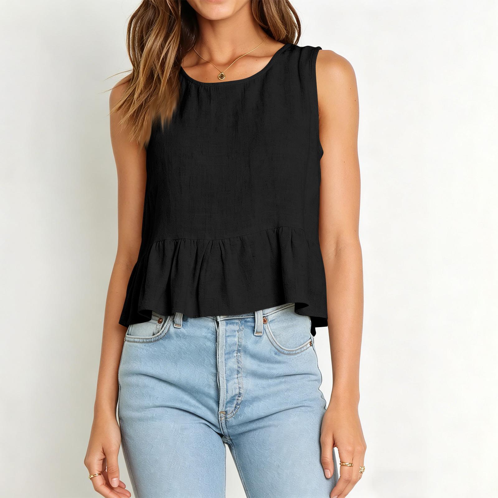 Women Sleeveless Linen Cotton Blouse Round Neck Casual Loose Fit Ruffle Hem Summer Top S чёрный