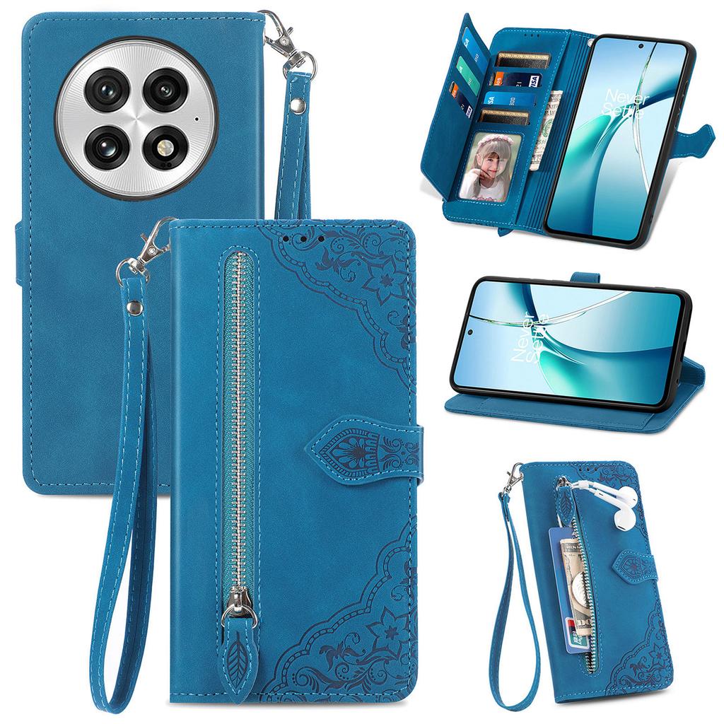 For OnePlus 13 Zipper Wallet Case with Strap Flower Imprint PU Leather Phone Cover