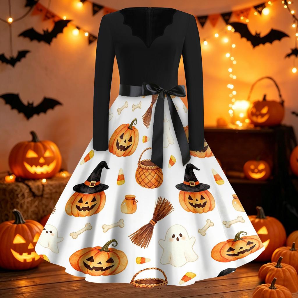 Womens Vintage V Neck Dress Halloween Print Long Sleeve Casual Retro Swing Dress with Waist Tie Belt and Flared Skirt for Party