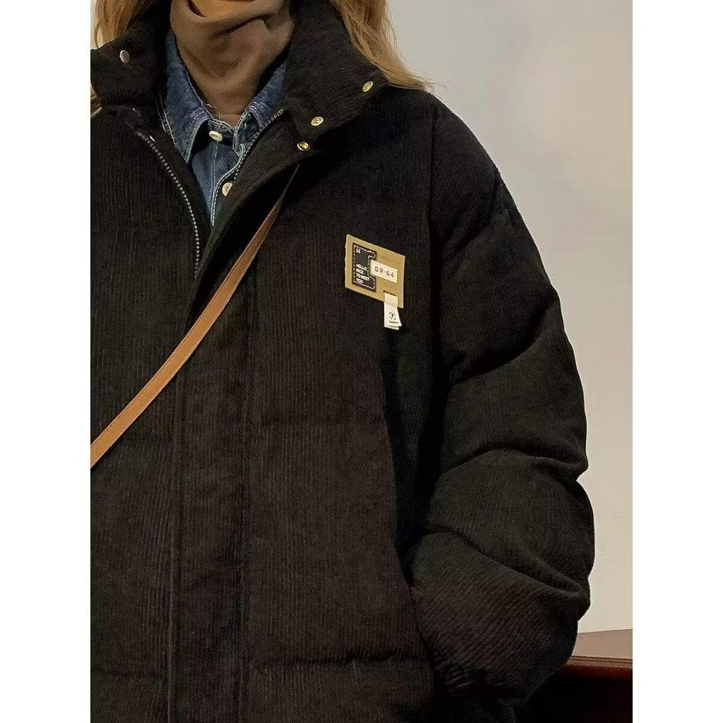 American Style Corduroy Patchwork Cotton Jacket - Stand Collar, Loose Fit, Thick Padded Winter Coat.