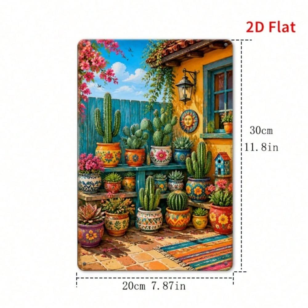Vintage Mexican Cactus Tin Sign, Colorful Succulent Metal Decor, Floral Patio Garden Wall Art