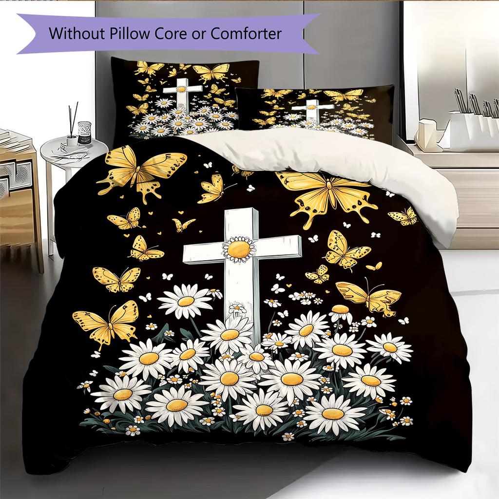 Daisy Butterfly  Pattern Bedding Quilt Set Quilt Cover Pillowcase Home Decoration  Gift (1 * Duvet Cover + 2 * Pillowcase, Without Core)