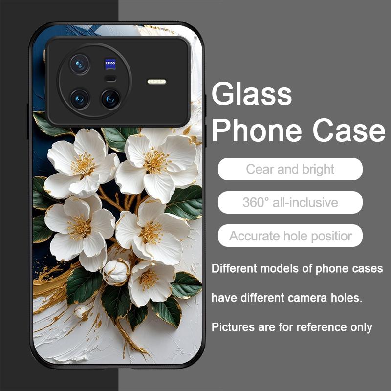 White Camellia Flower Marble Texture Tempered Glass Phone Case for OPPO Reno 13 F 12 11 10 Pro Plus Find X8 X3 Lite A58 5G Cover