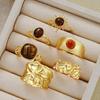 Tiger Eye Inlaid Crystal Ring Set Gold Plated Finger Open Rings Set New Geometric Rings Set  Women