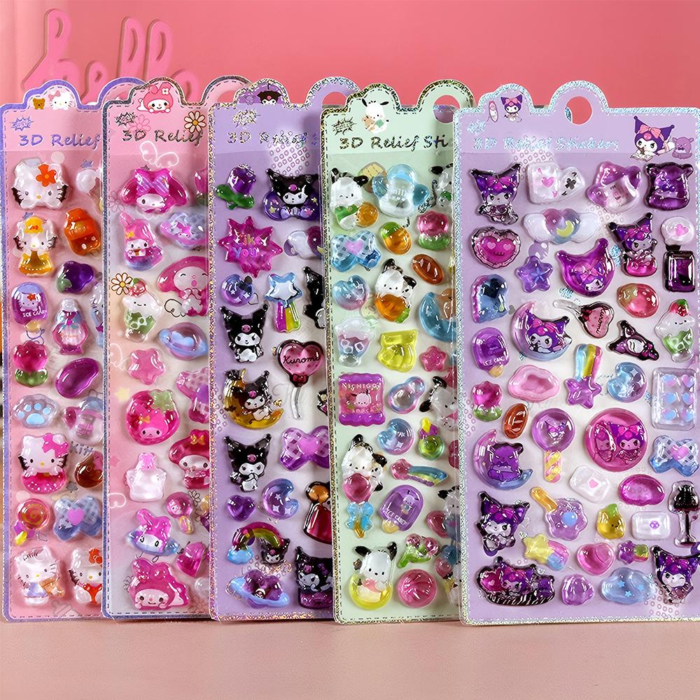 Cute Sanrio Kuromi My Melody 3D Relief Stickers Kawaii Girls Cartoon Crystal Sticker Handmade Diy Hand Account Decals Gifts
