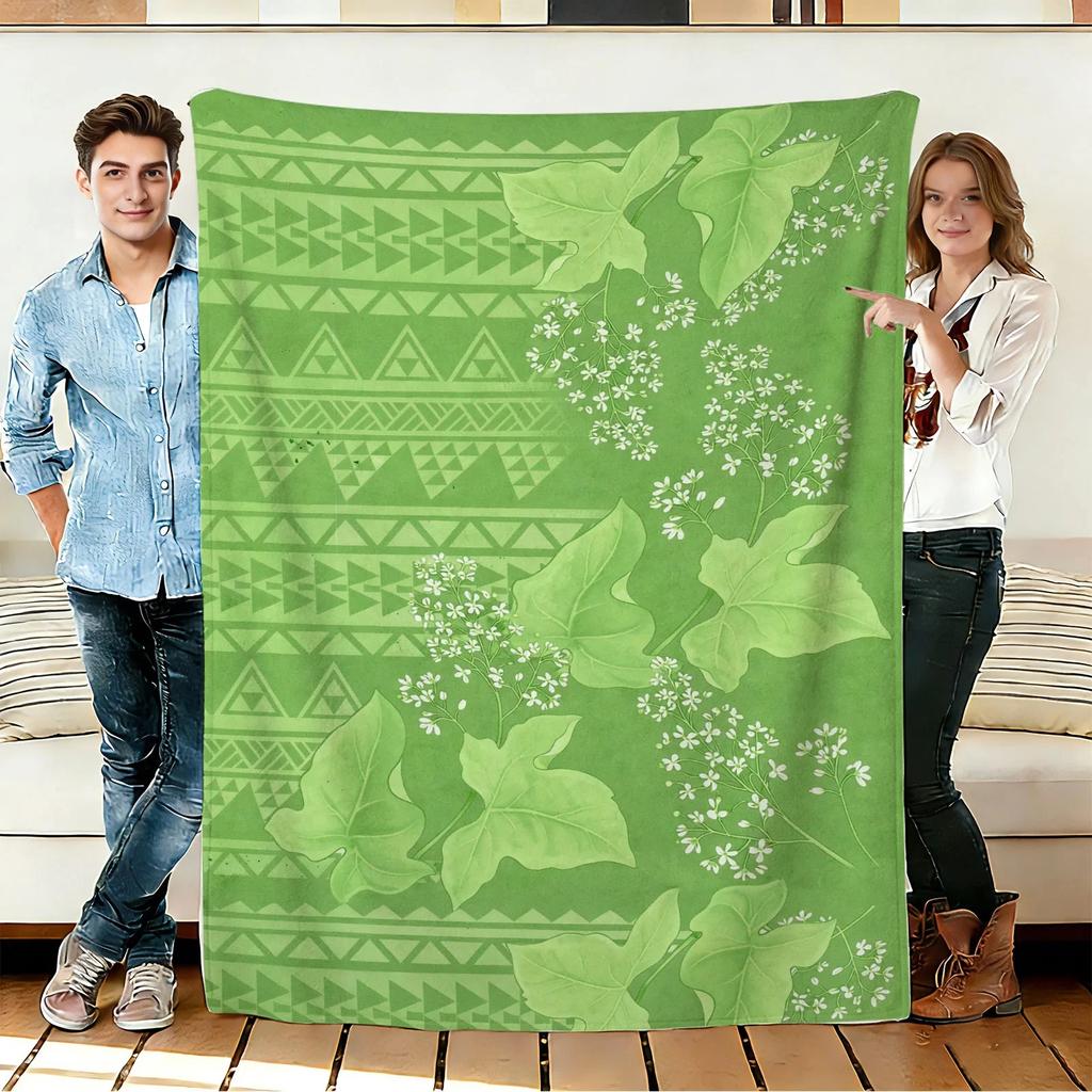 Leaf & Geometric Pattern Flannel Blanket Soft Cozy Throws Napping Travel Use