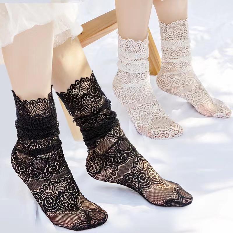 Sexy Hollow Out Lace Mesh Socks Women Retro Floral Black White Short Socks 1 Pair Japanese Korean Cute Socks For Ladies