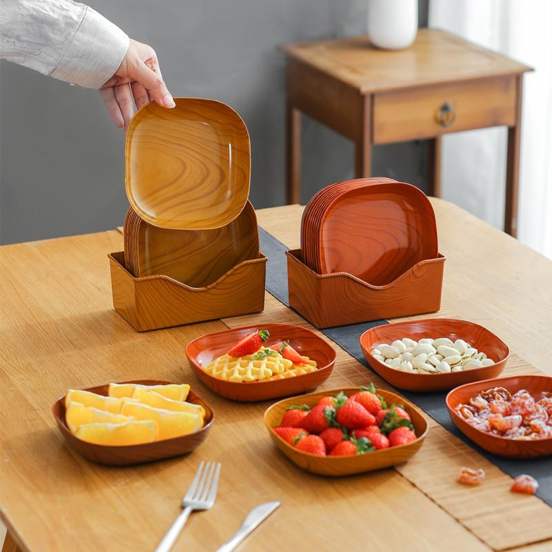 1/2Pcs Japanese Imitation Wood Grain Snack Dish Food Grade Pp Material Vegetable Dish Fruit Dish Kitchen Bowl Dish Dinnerware