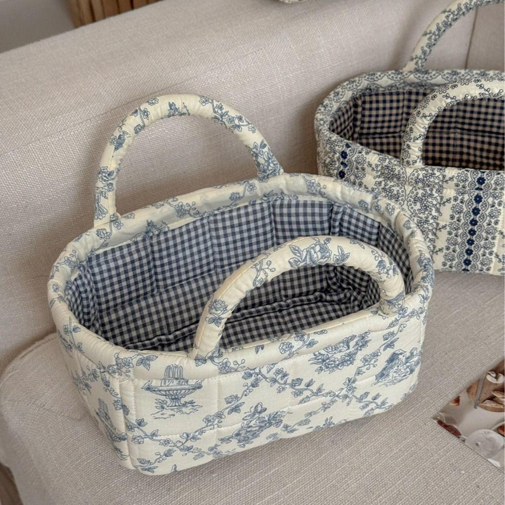 Hand-held French Vine Handbag Printed Floral Organizers Basket Laundry Storage Basket  Home Office
