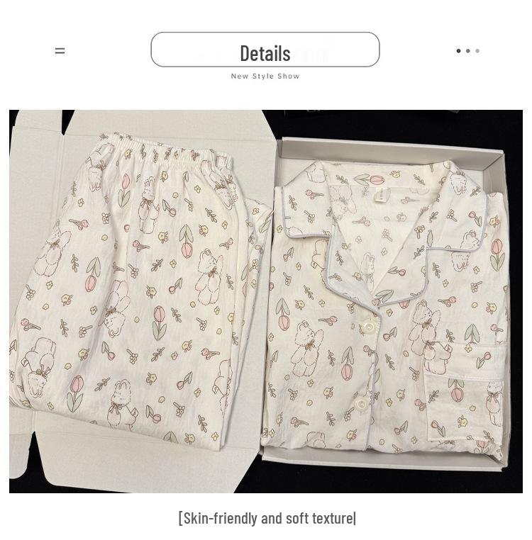 Damen Cartoon Pyjama-Set aus Wolkenbaumwolle mit Brustpolster - Langarm-Cardigan und Revers für Frühling und Herbst