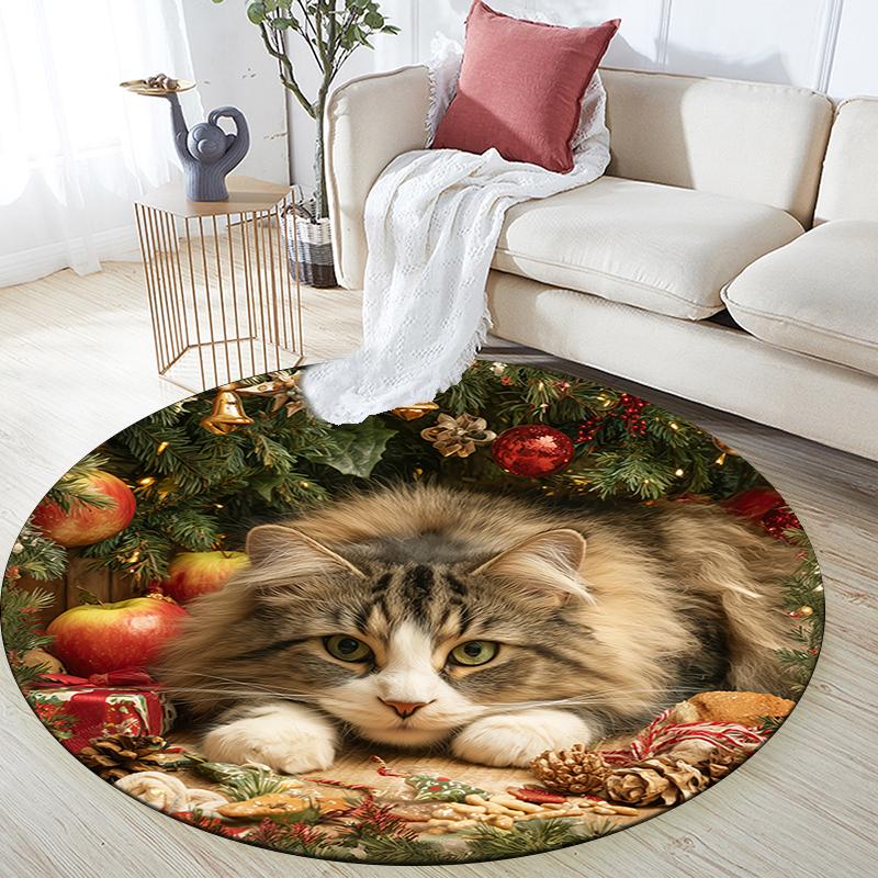 Christmas cat pattern round rug,Carpet Rug for Living Room Bedroom Playroom ,Non-slip Floor Mat,Holiday Gifts and Birthday Gifts.