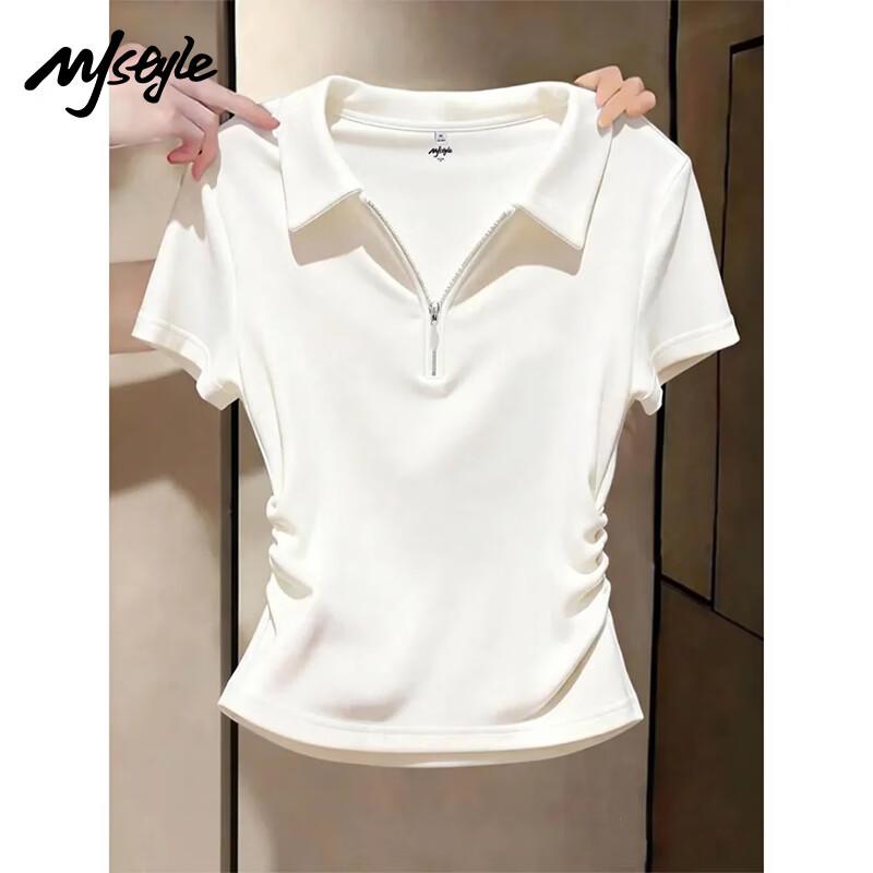 MJ STYLE Women s Ruched Slim Fit Polo Collar Short Sleeve T-Shirt XL