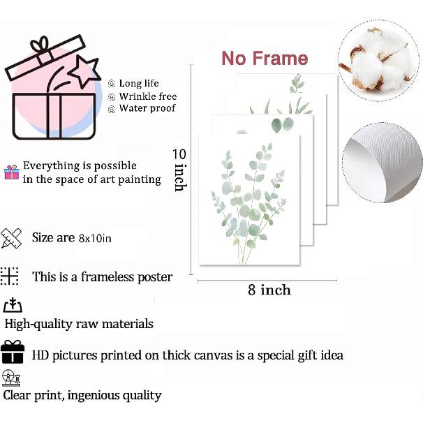 4Pcs Eucalyptus Botanical Wall Art Sage Green Bathroom Pictures Watercolor Mint Green Plant Leaves Poster Print Modern Minimalist Aesthetics Canvas