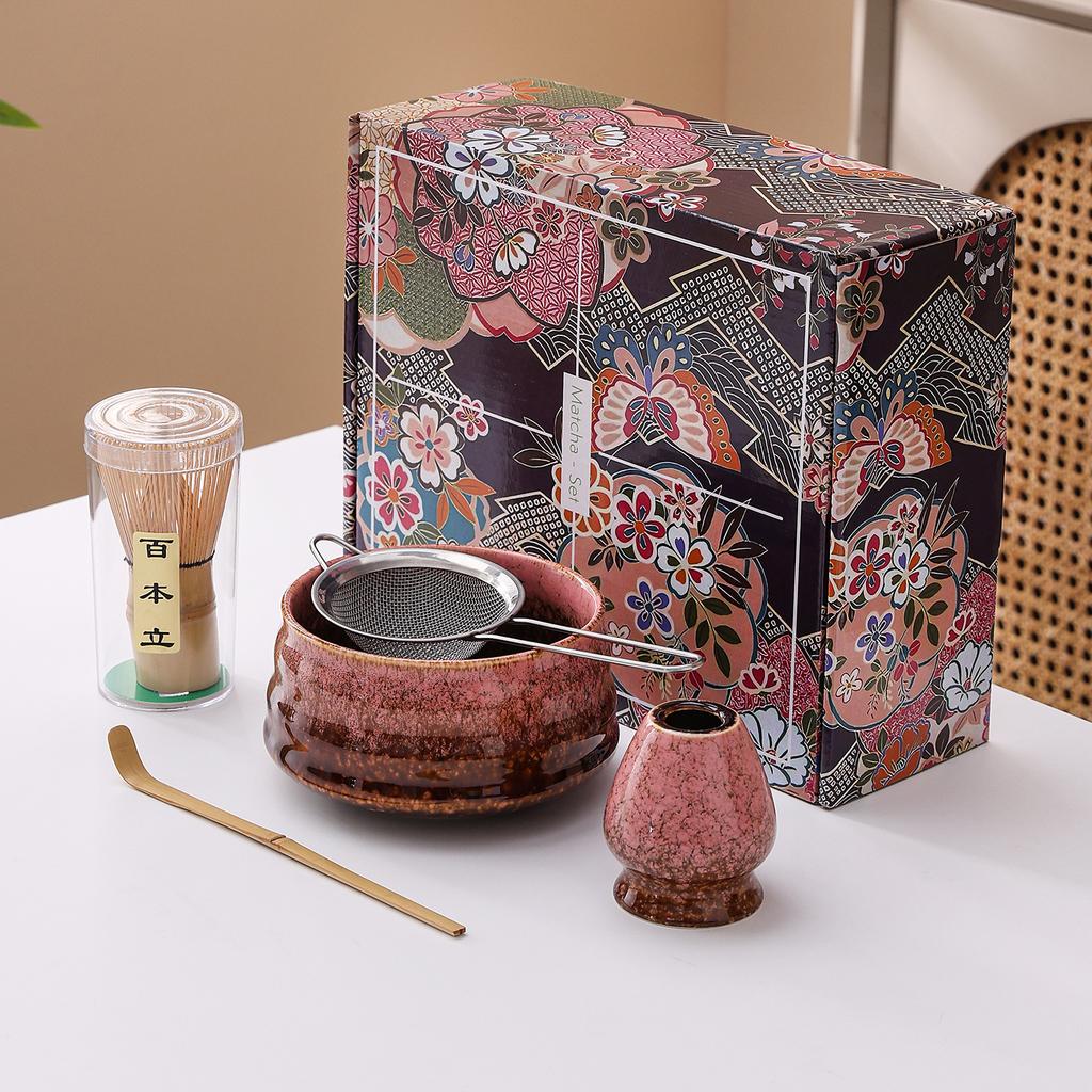 Japanese Matcha Tea Set Ceramic Chawan Bowl Whisk Holder Scoop Spoon Sieve Gift Traditional Tea Ceremony Kit for Home Restaurant