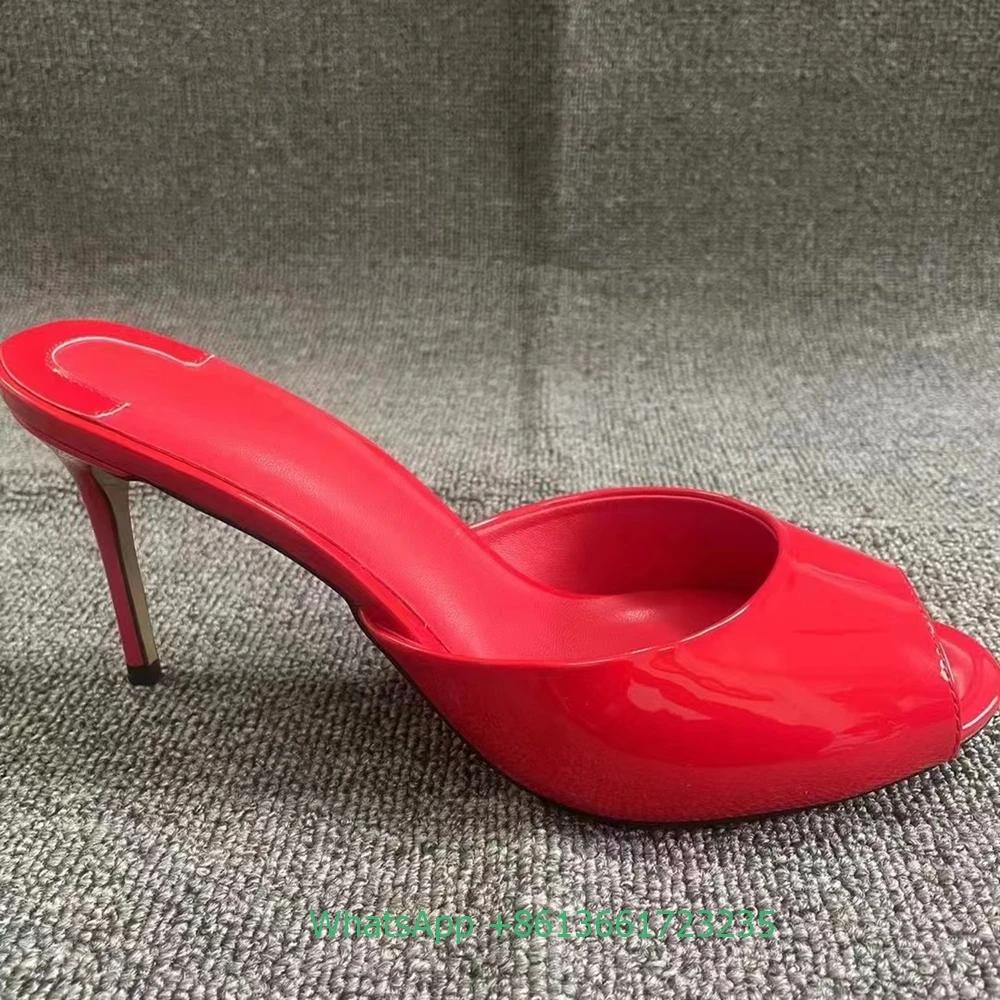 Fashion Genuine Leather Peep Toe Thin Heel Women Slippers Solid Summer Fashion Sandals Slip-On Shallow Patent Leather Shiny Sandals