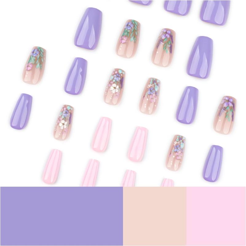 24 Pcs Short Ballerinas Press On Nail 3D Flowers False Nail Acrylic Nail Glossy Full Cover Stick on Nail for Woman