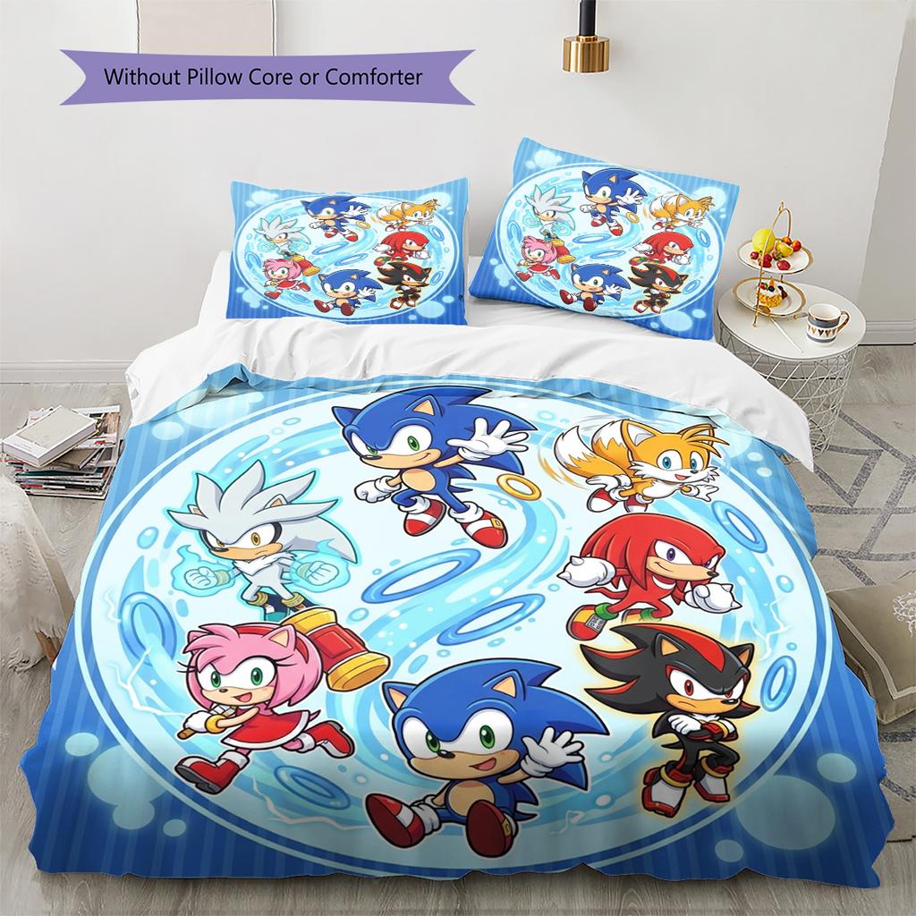 Hedgehog Sonic Pattern Bedding Quilt Set Quilt Cover Pillowcase Home Decoration Birthday Gift (1 * duvet cover + 2 * pillowcase, without core)