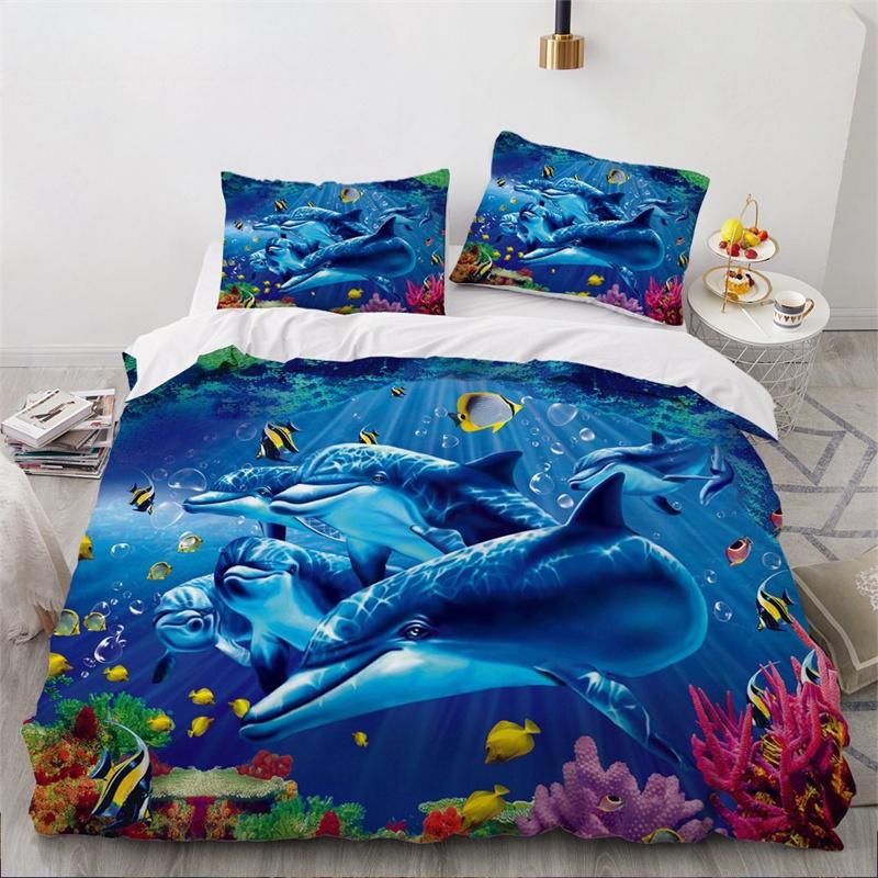 

Пододеяльник Dolphin Ocean King Queen, милый комплект постельного белья с 3D изображением морских животных для детей, подростков, взрослых, косяк рыб, синий, 2/3 шт., пододеяльник 200x230cm 3pcs