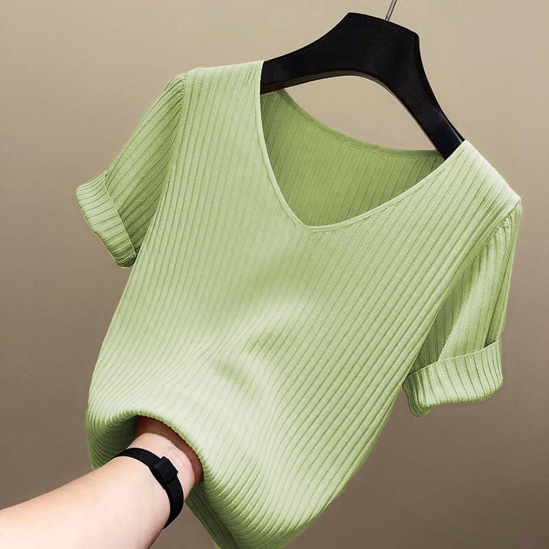 

Slim Casual Base Knitted Shirts Women Pullover Half Sleeve Casual V-neck short sleeved shirt Solid Basic Tee Tops S зелений