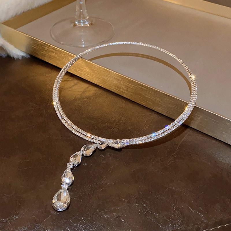 Elegant Zircon Water Drop Tassel Necklace: Double-Layer Light Luxury Collarbone Chain