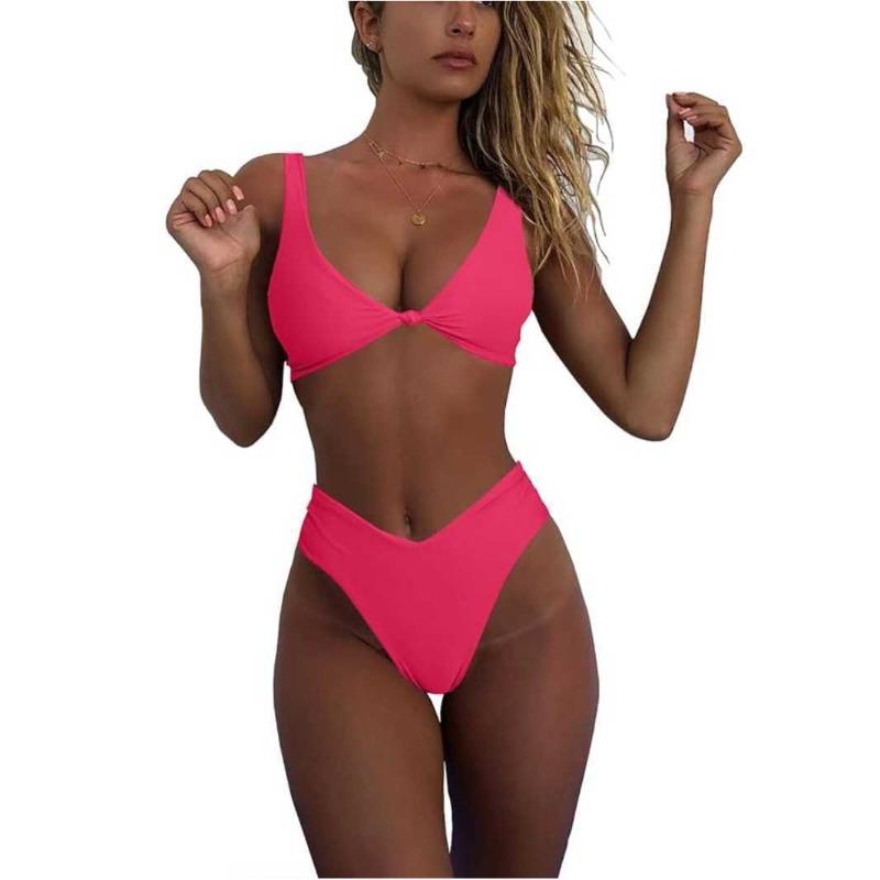 Traje de Bikini Skinny Deportivo para Mujer Color Sólido Lazo Cintura Alta Dos Piezas Traje de Baño Bikini