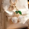 Decorative Cherry Keychain Double Rhinestone Keychain, Oil Dripping Green Leaf Fruit Compact Key Decor Car Ring, Accessories for Handbags Backpacks