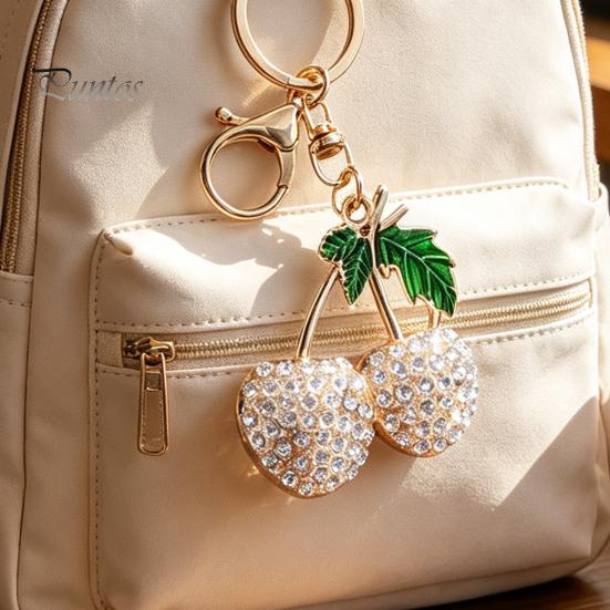 Decorative Cherry Keychain Double Rhinestone Keychain, Oil Dripping Green Leaf Fruit Compact Key Decor Car Ring, Accessories for Handbags Backpacks