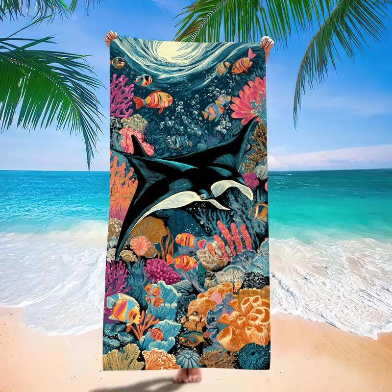Vintage Art Manta Ray Coral Reef Tropical Fish Print Beach Towel Quick Dry Sandproof Towel For Summer Beach Pool