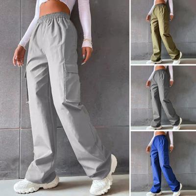 Women Cargo Pants Elastic Waist Wide Leg Solid Color Trousers Casual Joggers Sweatpants