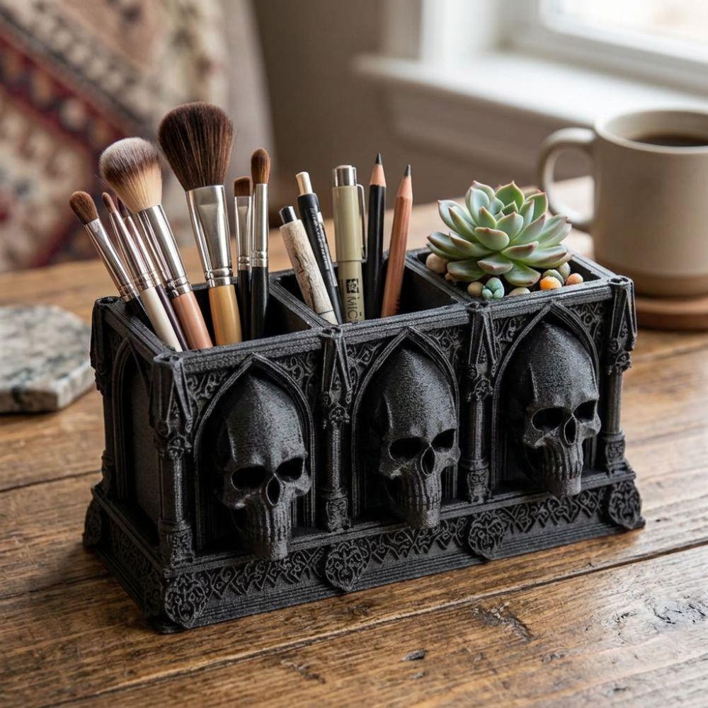Spooky Skull Makeup Brush Box 3D Printed Small Skull Storage Rack Halloween Party
