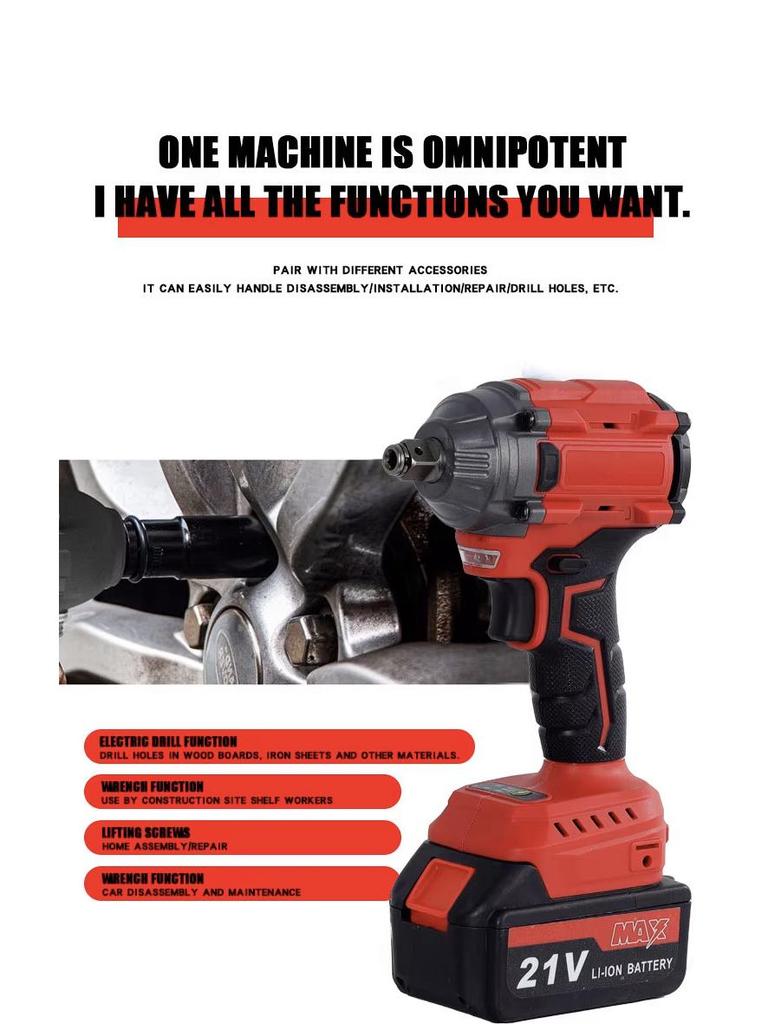 21V Brushless Electric Impact Wrench with Rechargeable Lithium Battery for Car, Scaffolding, and Carpenter Use