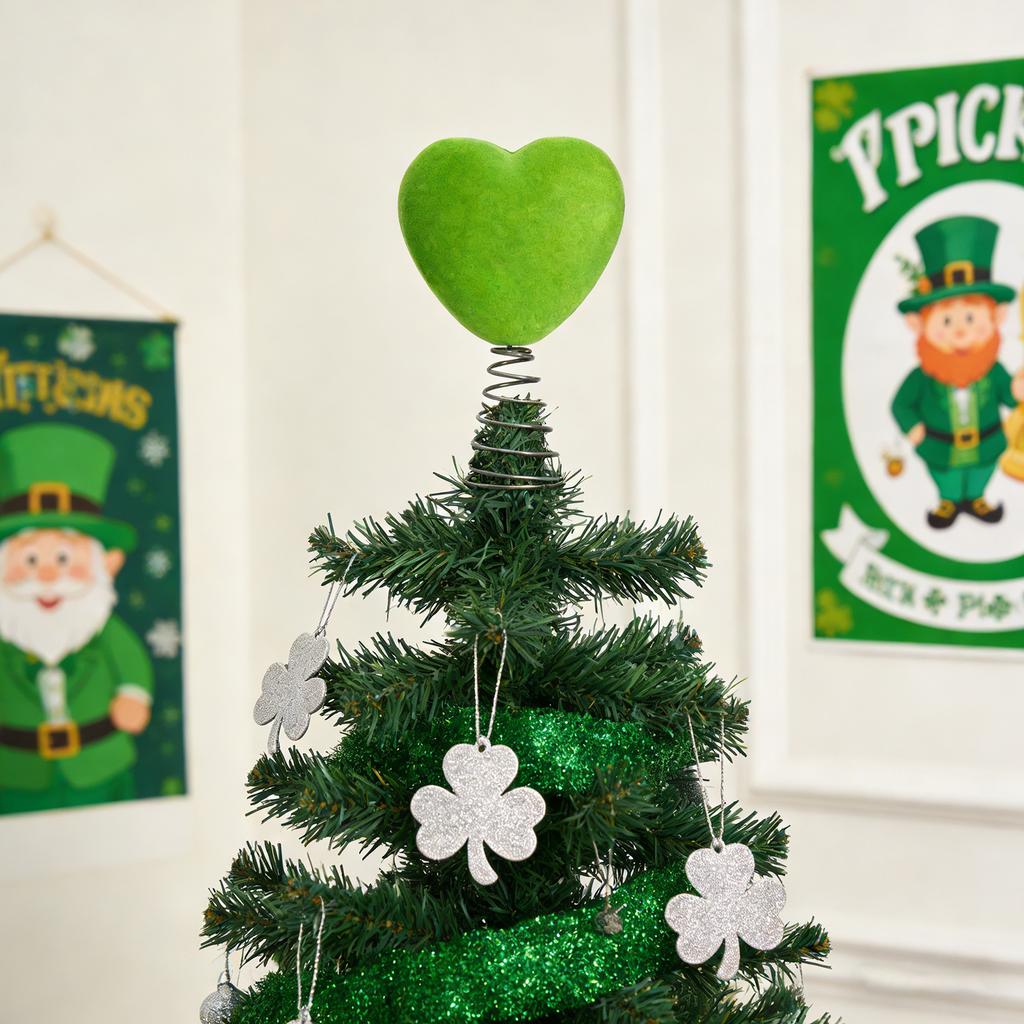 Creative Fluorescent Green Flocked Heart Shaped Tree Top Decoration, Irish Holiday-themed Ornament.