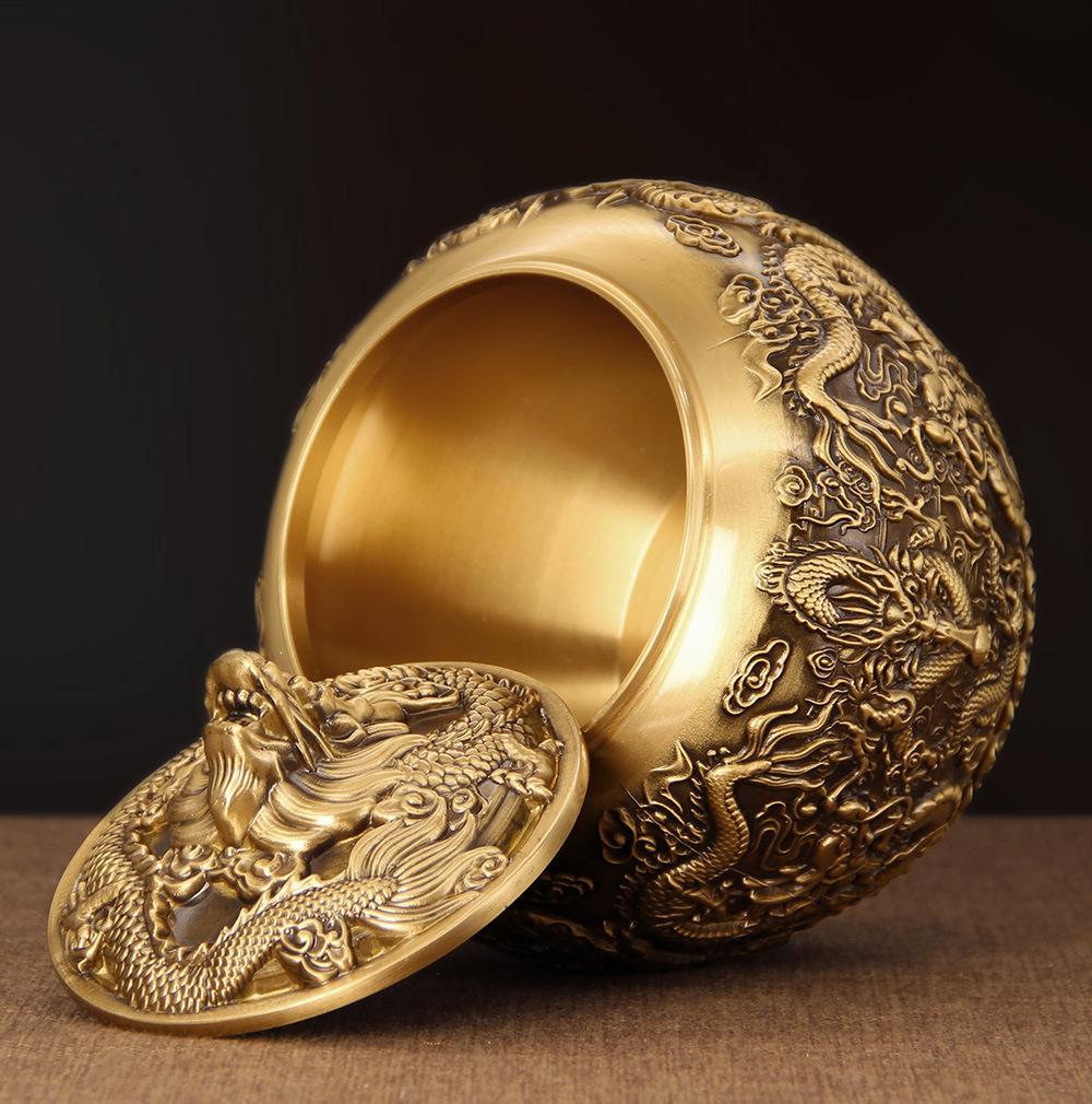 Brass High-end Nine Dragon Tea Leaf Canister Sealed Dry Goods Grain Storage Box Moisture-proof Storage Jar Ornament